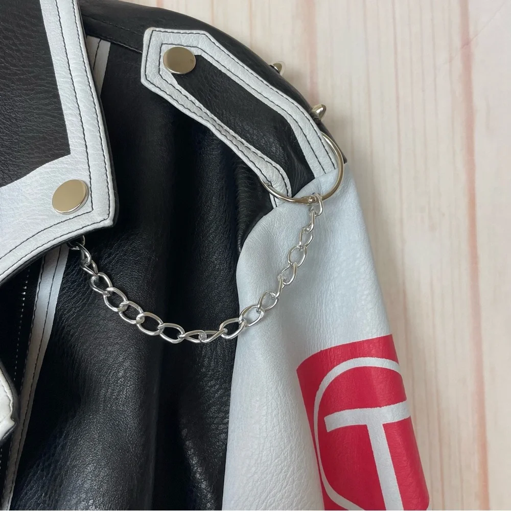 Azalea Wang Studded Black and White Graffiti Faux Leather Moto Jacket (1x) - Picture 4 of 16